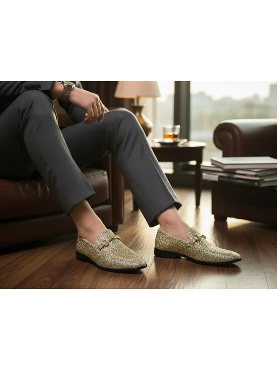 Metrocharm Men\'s Gold Glitter Rubber Velvet Loafers Gold Buckle Slip On Shoes main image 5